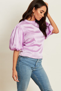 Lilac Spot Satin Shell Top with Ruffle Collar and Puff Sleeves