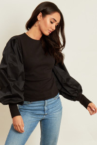 Black Jumper with Cotton Puff Sleeves