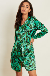 Green Satin Abstract Animal Print Belted Mini Shirt Dress