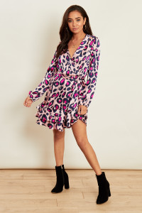 Pink Satin Animal Print Ruffle Wrap Dress with Skirt