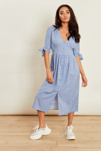 Blue Polka Dot Button Down Midi Dress with Self Fabric Tie Sleeves