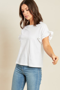 White Jersey T Shirt with Cotton Poplin Ruffle Cuffs