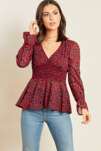 Wine Leopard Print Georgette Shirred Waist Tea Top