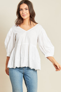 White Cotton V Neck Peplum Hem Puff Sleeve Smock Top