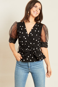 Black White Spot Cotton Poplin Wrap Top with Organza Sleeves