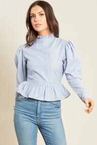 Blue White Stripe Cotton Poplin Puff Sleeve Peplum Hem Top