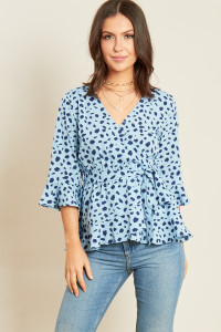 Blue Animal Print Ruffle Hem Frill Sleeve Belted Wrap Top