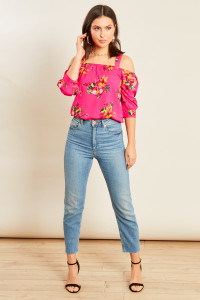 Pink Tropical Print Bardot Top
