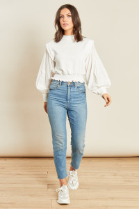 White High Neck Shirred Waist Sweater with Cotton Sleeves