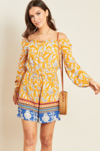 Yellow Paisley Border Print Bardot Flared Sleeve Playsuit