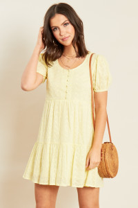 Yellow Broderie Anglais Tiered Mini Smock Dress