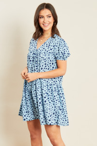 Blue Animal Print Button Down Smock Dress