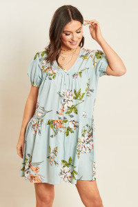 Blue Floral Print Button Down Smock Dress