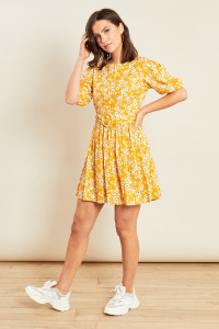 Yellow Floral Print Belted Puff Sleeve Dress
