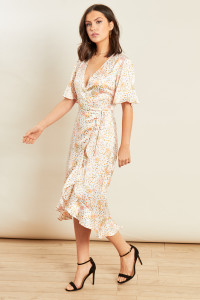 Multi Animal and Floral Print Satin Wrap Frill Hem Midi Dress