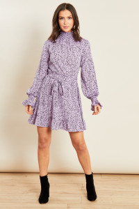 Lilac Ditsy Floral Shirred High Neck and Cuff Ruffle Hem Belted Mini Dress