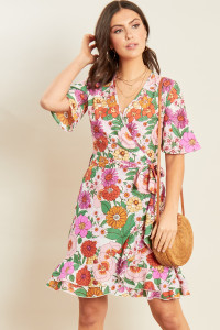Multi Floral Print Wrap Frill Skater Mini Dress
