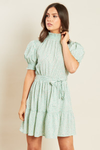 Mint Ditsy Floral Shirred High Neck Tiered Mini Skater Dress