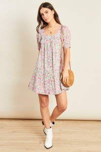 Lilac Floral Print Button Down Smock Dress with Square Neck