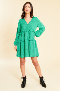 Different Ratio Green Black Splodge Print Button and Ruffle Detail Smock Dress