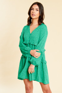 Different Ratio Green Black Splodge Print Button and Ruffle Detail Smock Dress