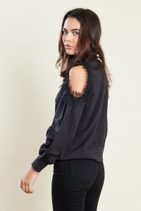 Black Sweatshirt With Cold Shoulder And Mesh Frill 
