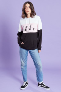 Black Drop Shoulder Oversized Colour Block Slogan Hoody