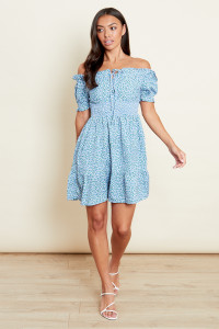 Blue Tiered Shirred Waist Mini Bardot Dress