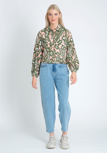 Eco Vera Printed Cropped Blouse With Statement Button Fastening And Pointed Collar