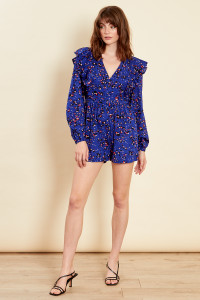 Blue Balloon Sleeves Frill Front Wrap Playsuit