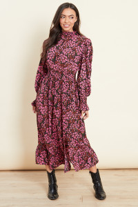 Pink Shirred Waist Frill Hem Midi Dress