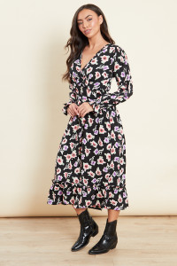 Black Floral Ruffle Detail Midi Dress 