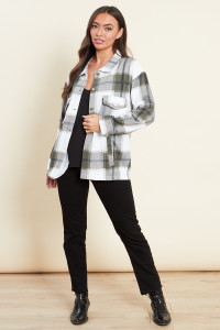 Khaki Oversized Checked Shacket With Pocket