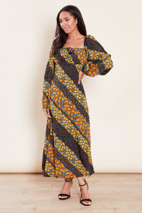 Solara | Square Neck Ruched Bust Midi Dress - Black
