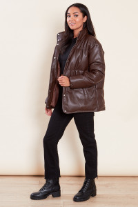 Oversized Faux Leather Puffer Jacket In Chocolate Brown