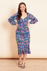 Floral Print Puff Sleeve Tie Front Midi Dress 