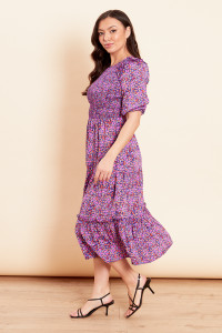 Shirred Ruffle Midi Dress In Ditsy Floral Print 