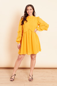 Mustard High Neck Button Front Mini Smock Dress