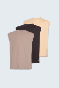 OVERSIZED SLEEVELESS T-SHIRT MULTIPACK - BLACK, CLAY BROWN, PEACH