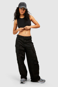 Black Multi Pocket Oversized Cargo Pants Adjustable Waist 
