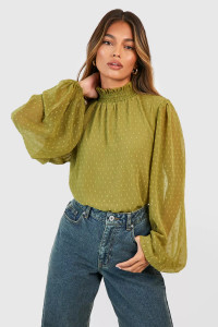 Dobby High Neck Blouse Olive