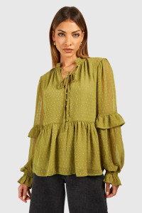 Dobby Tie Neck Blouse Olive