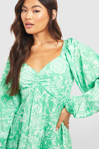Green Floral long Sleeve Mini Dress