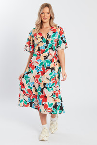 Vibrant Floral V Neck Midi Dress