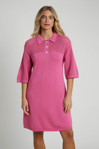 Cotton Open Knit Polo Mini Dress With Button Detail - Pink