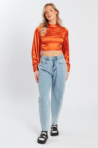 High Neck Tie Back Cropped Satin Blouse in Rust
