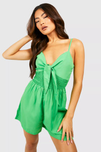 Tie Detail Linen Playsuit with Shirred Waist 