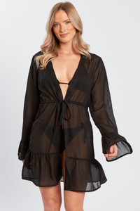 Black Beachwear Ember Short Kimono With Tier Hem & Flared Sleeve