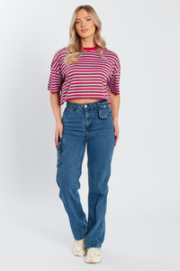 Blue & Red Stripe Short Sleeves Crop T-Shirt