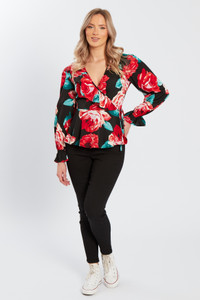 Red Floral Ruffle Wrap Top